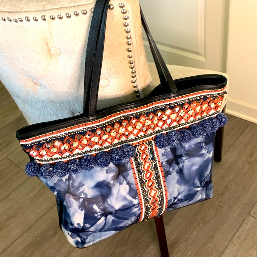 Rebecca Minkoff leather/canvas Dreamy tote w/stones, mirrors, Pom Poms - Picture 3 of 10